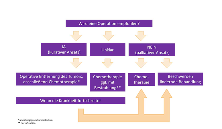 Übersicht: Wird eine Operation empfohlen? Ja – kurativer Ansatz: Operation, anschließend Chemotherapie. Unklar: Chemotherapie, ggf. mit Bestrahlung (nur in Studien). Nein – palliativer Ansatz: Chemotherapie oder Beschwerden lindernde Behandlung.